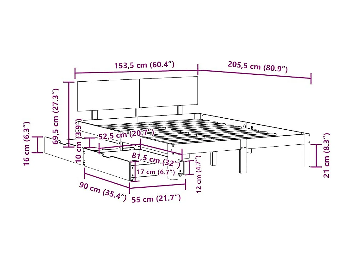 Cadre de lit avec tiroirs sans matelas blanc 150x200 cm