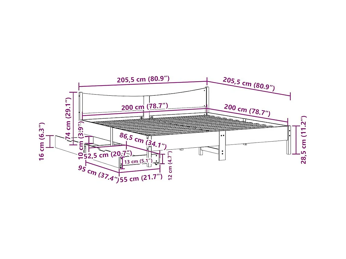 Cadre de lit avec tiroirs 200x200 cm bois massif de pin