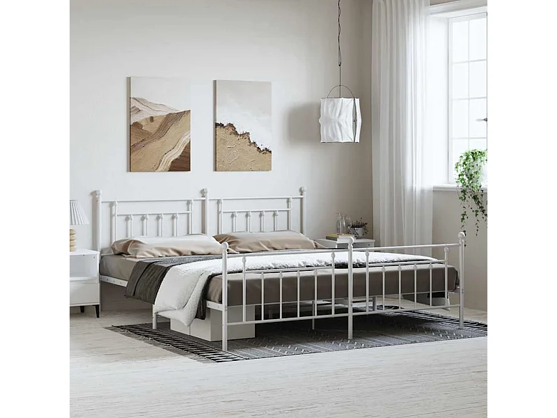 Cadre de lit métal sans matelas et pied de lit blanc 193x203 cm