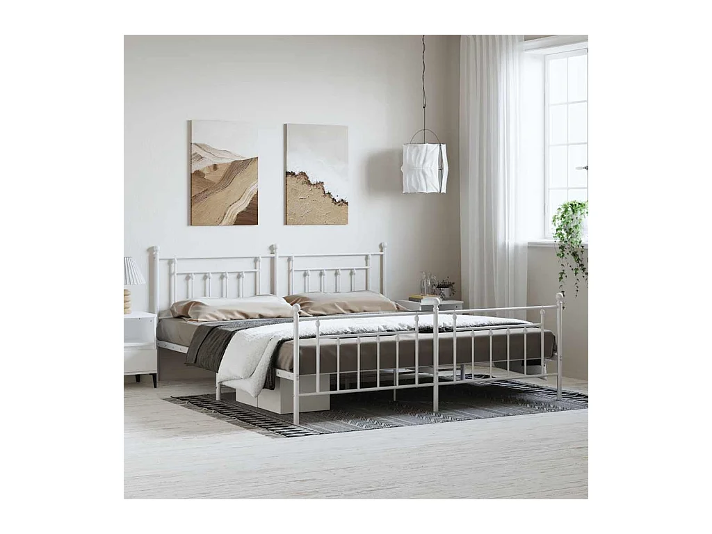 Cadre de lit métal sans matelas et pied de lit blanc 193x203 cm