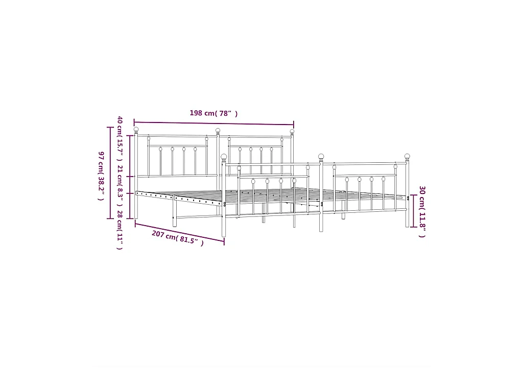Cadre de lit métal sans matelas et pied de lit blanc 193x203 cm