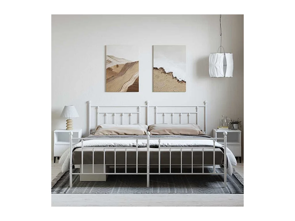 Cadre de lit métal sans matelas et pied de lit blanc 193x203 cm