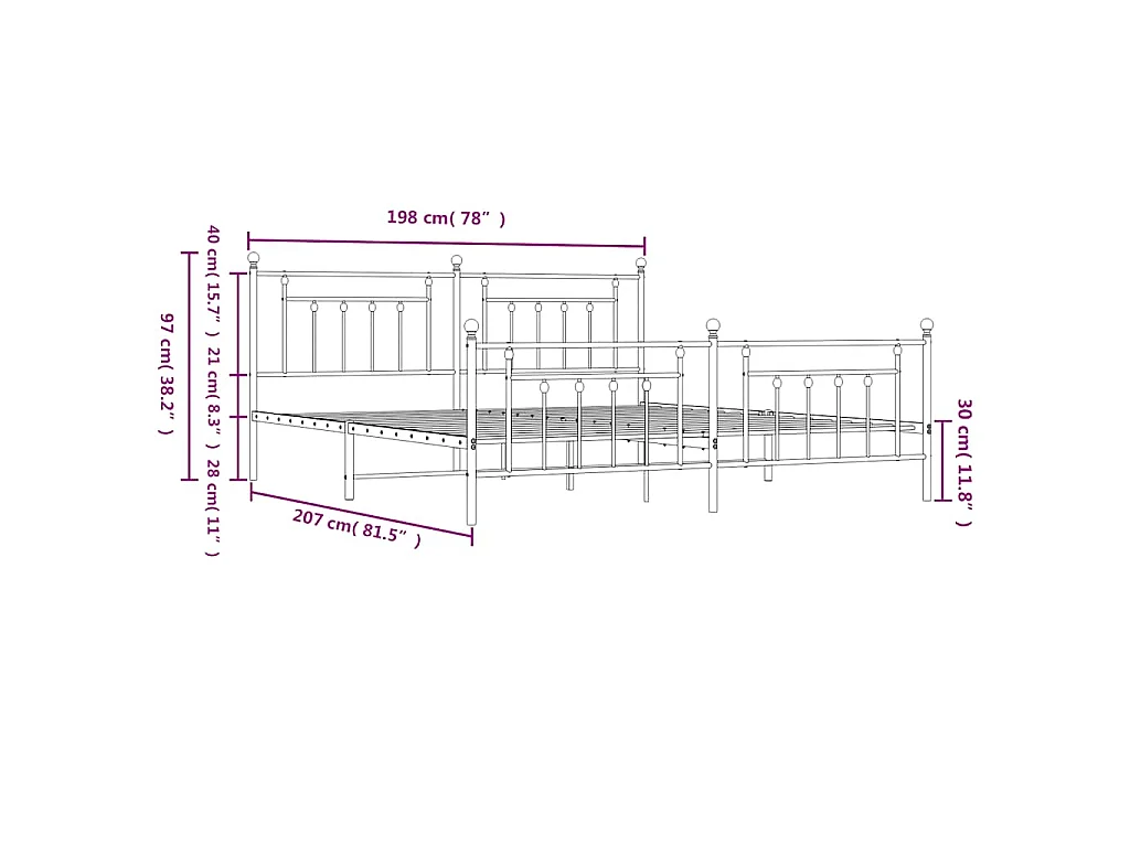 Cadre de lit métal sans matelas et pied de lit blanc 193x203 cm