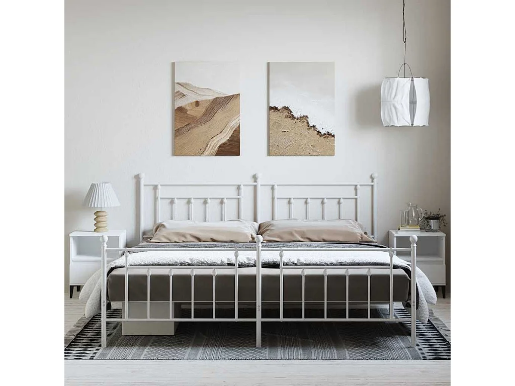 Cadre de lit métal sans matelas et pied de lit blanc 193x203 cm