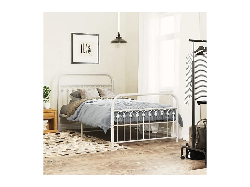 Cadre de lit métal sans matelas et pied de lit blanc 107x203 cm