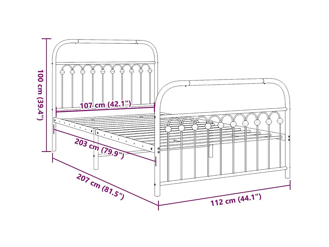 Cadre de lit métal sans matelas et pied de lit blanc 107x203 cm