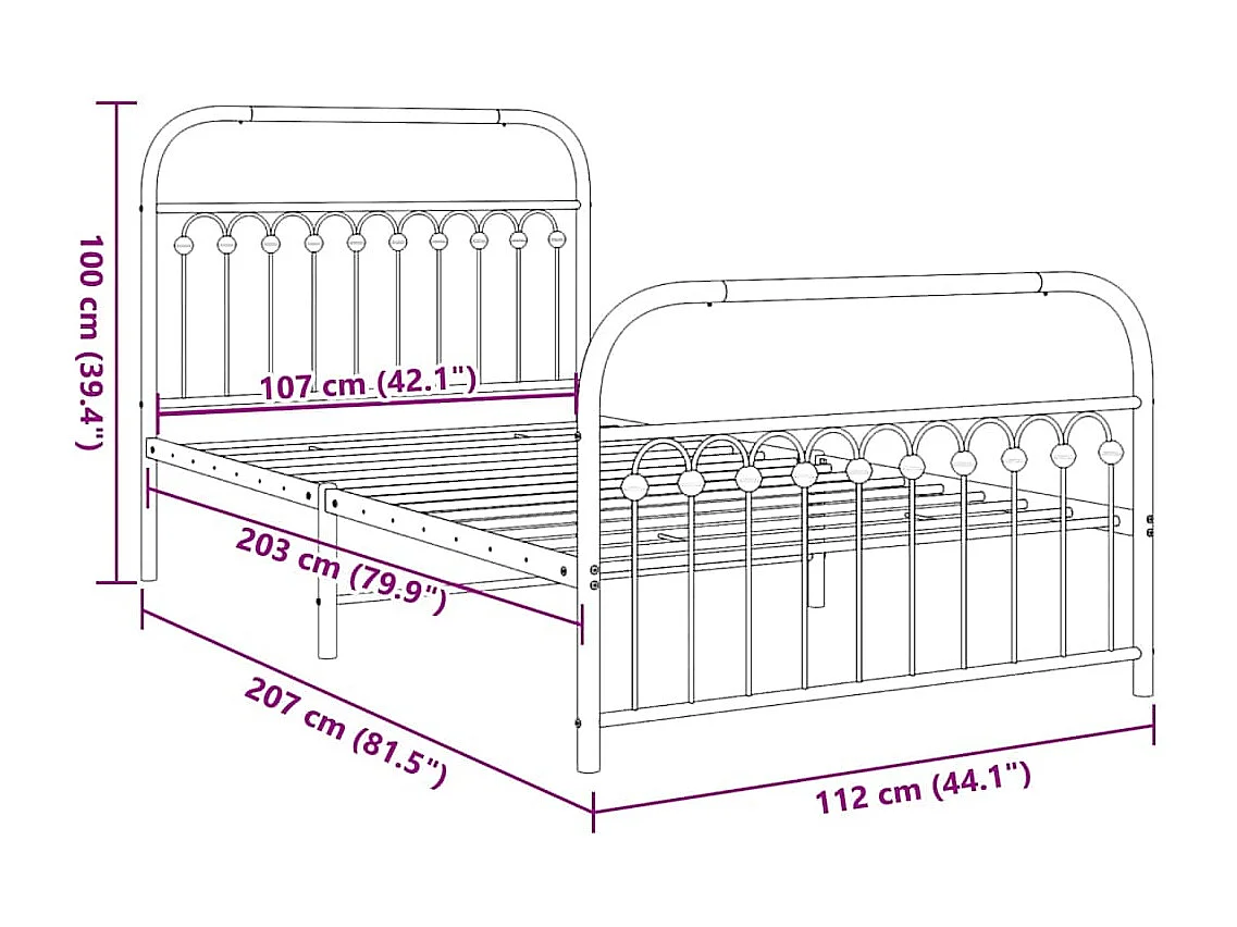 Cadre de lit métal sans matelas et pied de lit blanc 107x203 cm