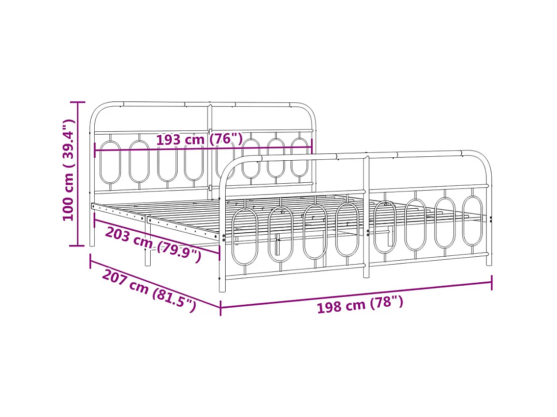 Cadre de lit métal sans matelas et pied de lit blanc 193x203 cm