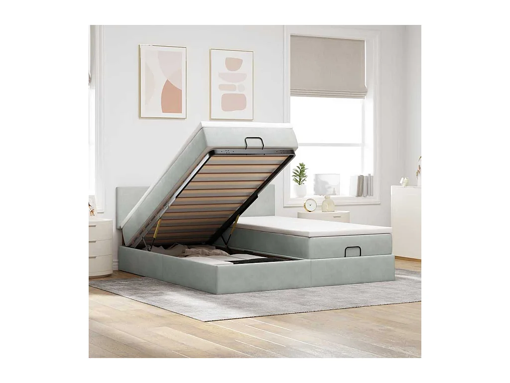 Cadre de lit ottoman avec matelas gris clair 200x200 cm velours