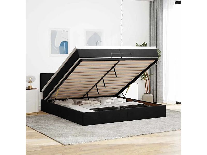Cadre de lit ottoman avec matelas noir 200x200cm velours