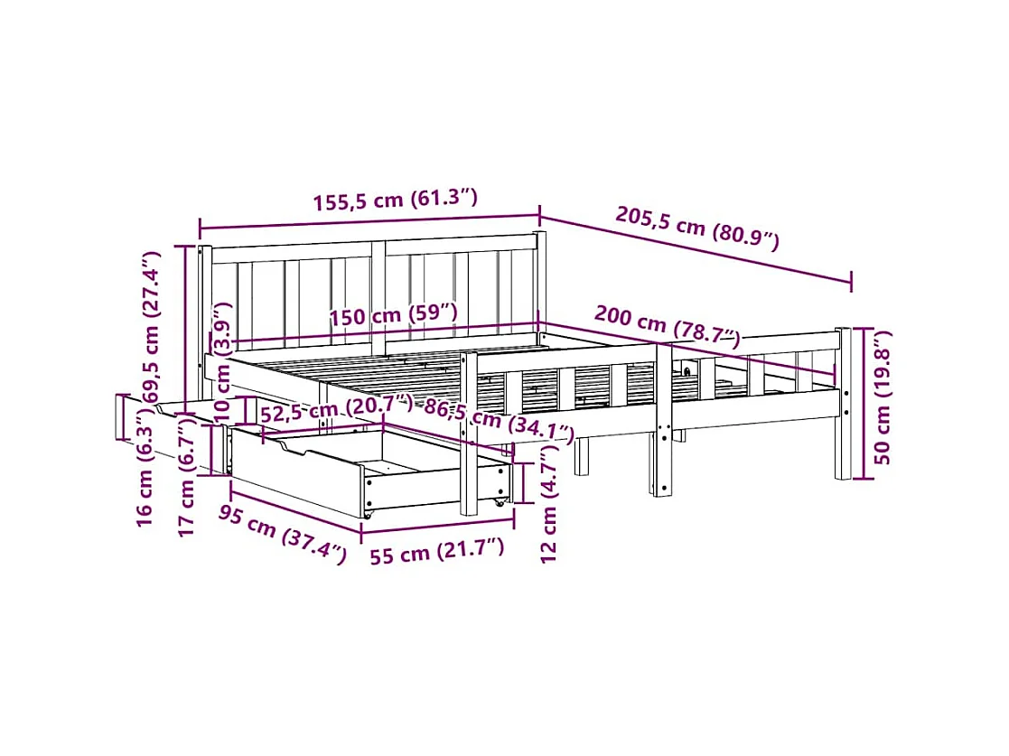 Massivholzbett ohne Matratze Weiß 150x200 cm Kiefernholz