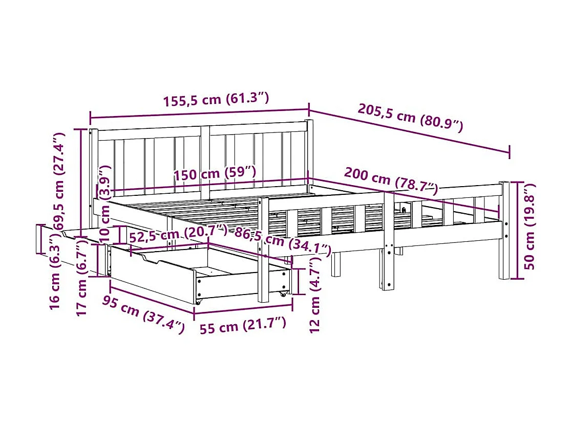 Letto senza Materasso Bianco 150x200 cm Legno Massello di Pino