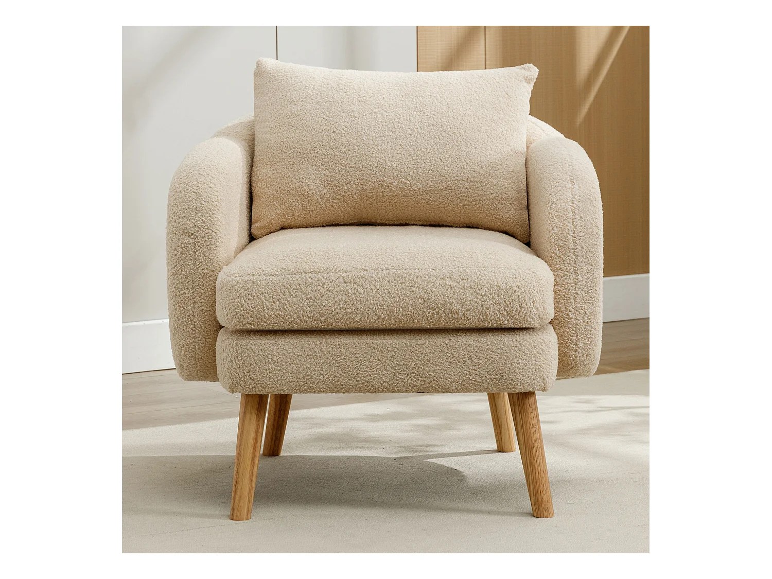 Enkele beige fauteuil met kussens, teddy fluweel, houten poten 71x72x71cm