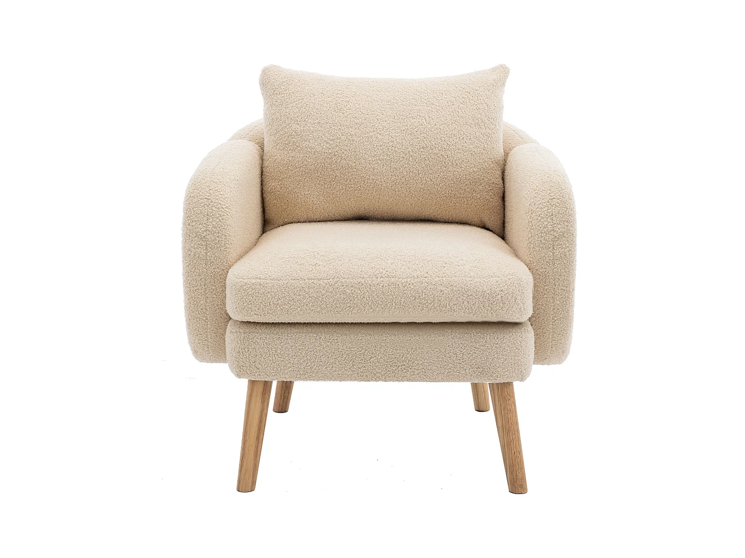 Enkele beige fauteuil met kussens, teddy fluweel, houten poten 71x72x71cm