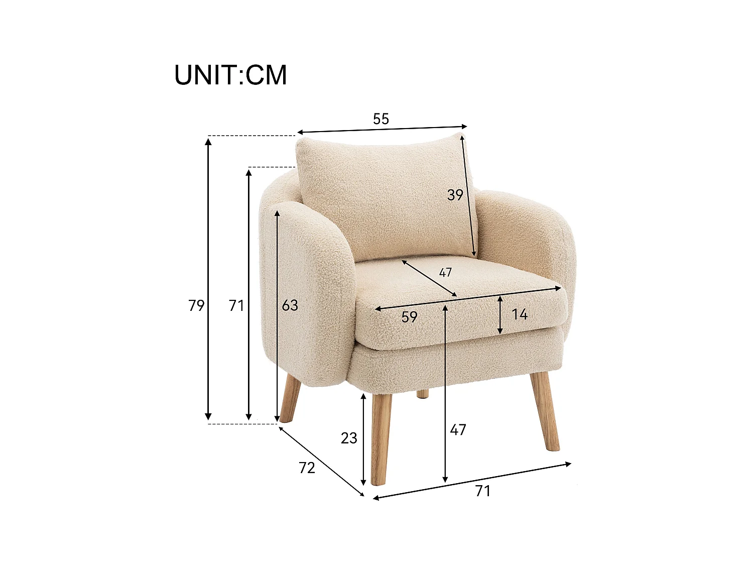Enkele beige fauteuil met kussens, teddy fluweel, houten poten 71x72x71cm