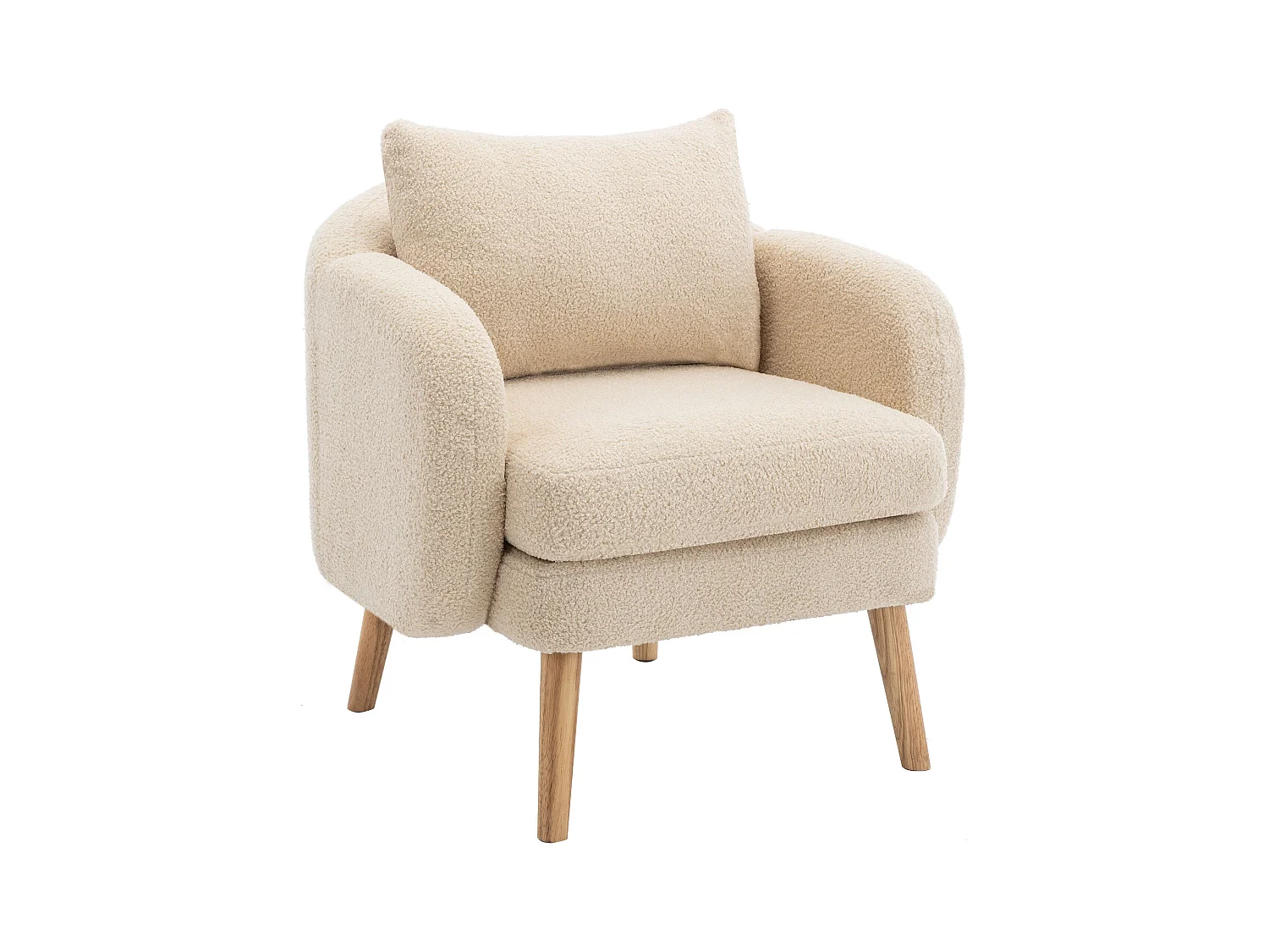Enkele beige fauteuil met kussens, teddy fluweel, houten poten 71x72x71cm