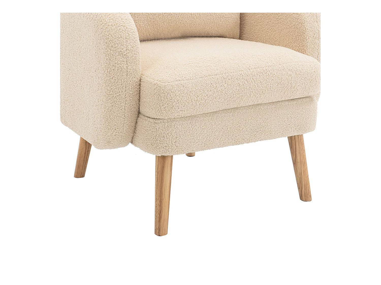 Enkele beige fauteuil met kussens, teddy fluweel, houten poten 71x72x71cm