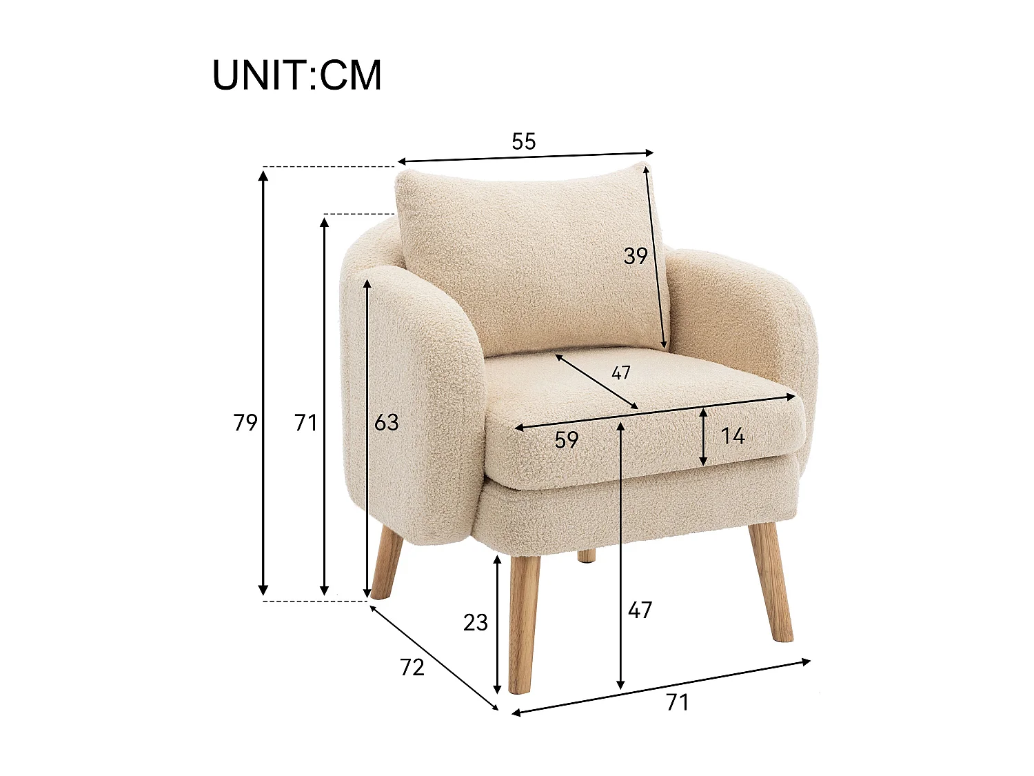 Fauteuil simple beige avec coussins, velours teddy, pieds en bois 71x72x71cm