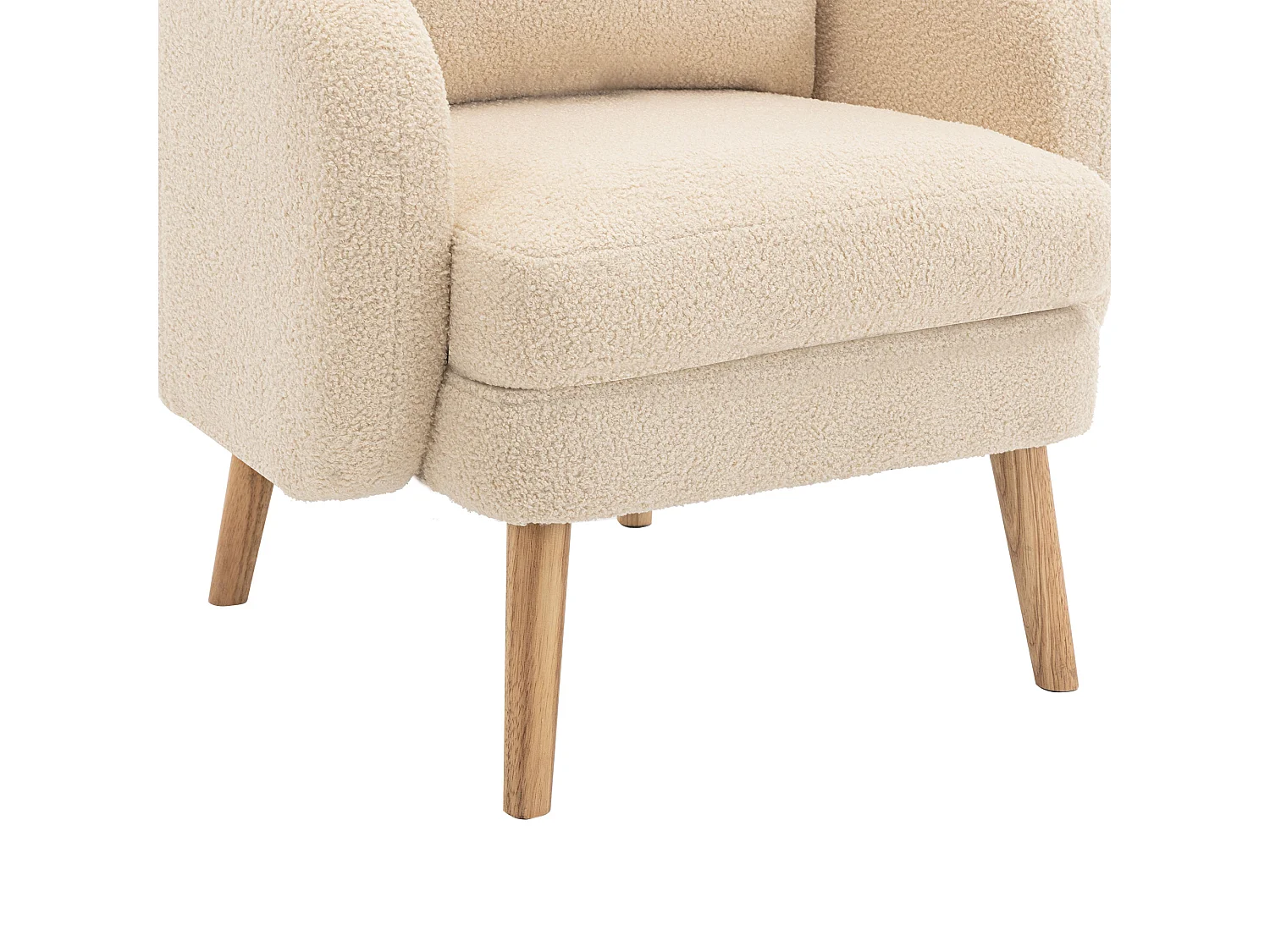 Fauteuil simple beige avec coussins, velours teddy, pieds en bois 71x72x71cm