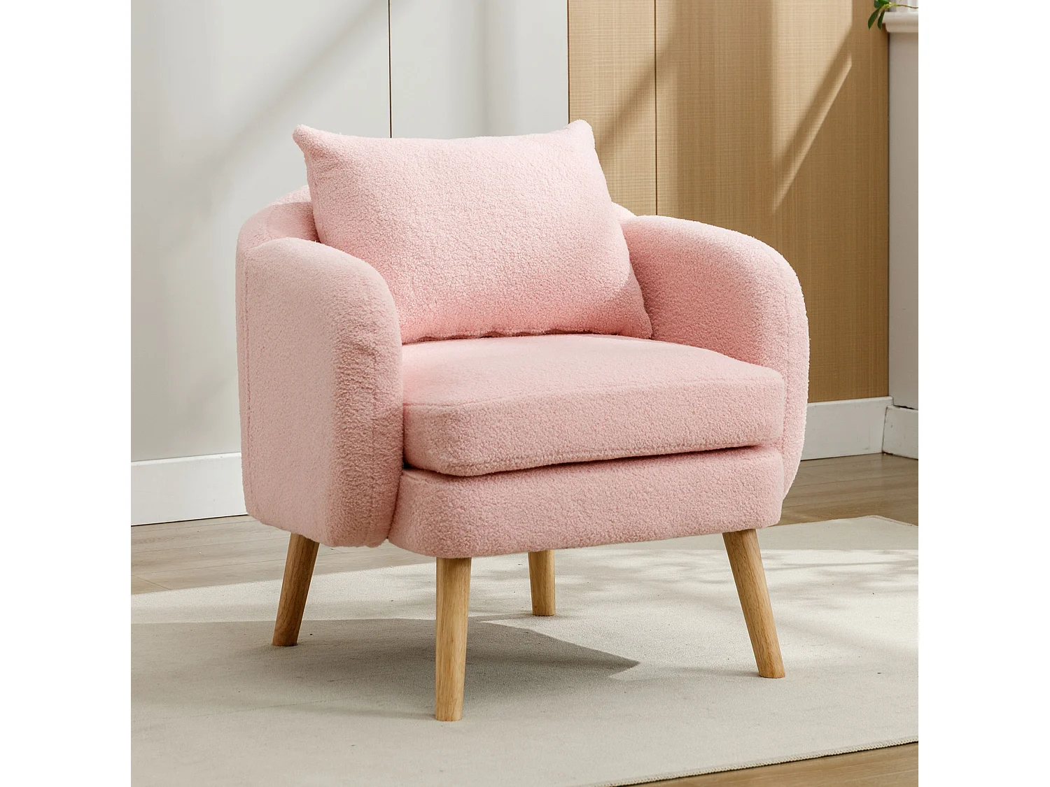 Enkele roze fauteuil met kussens, teddy fluweel, houten poten 71x72x71cm