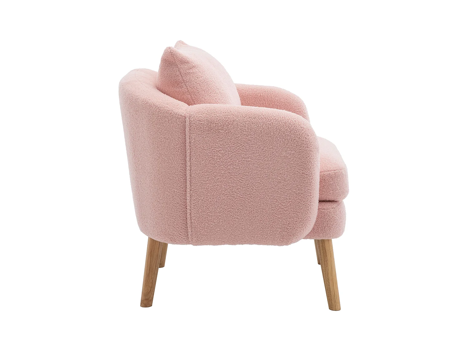 Enkele roze fauteuil met kussens, teddy fluweel, houten poten 71x72x71cm
