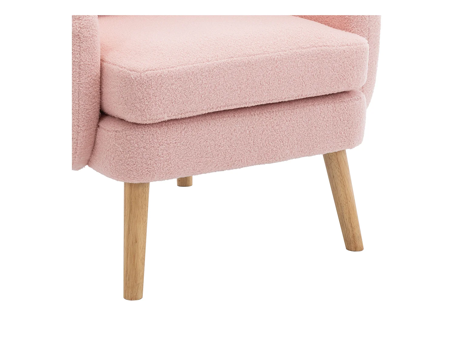 Enkele roze fauteuil met kussens, teddy fluweel, houten poten 71x72x71cm