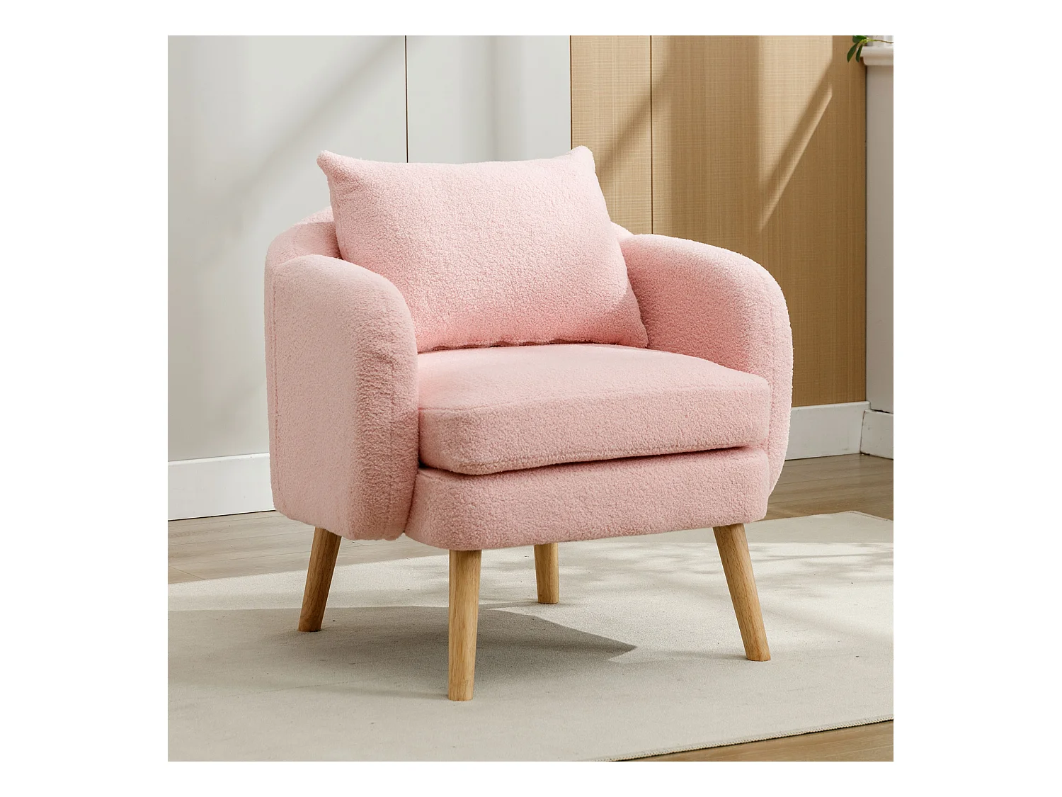 Fauteuil simple rose avec coussins, velours teddy, pieds en bois 71x72x71cm