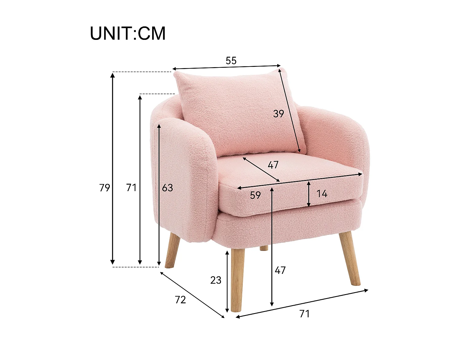 Fauteuil simple rose avec coussins, velours teddy, pieds en bois 71x72x71cm