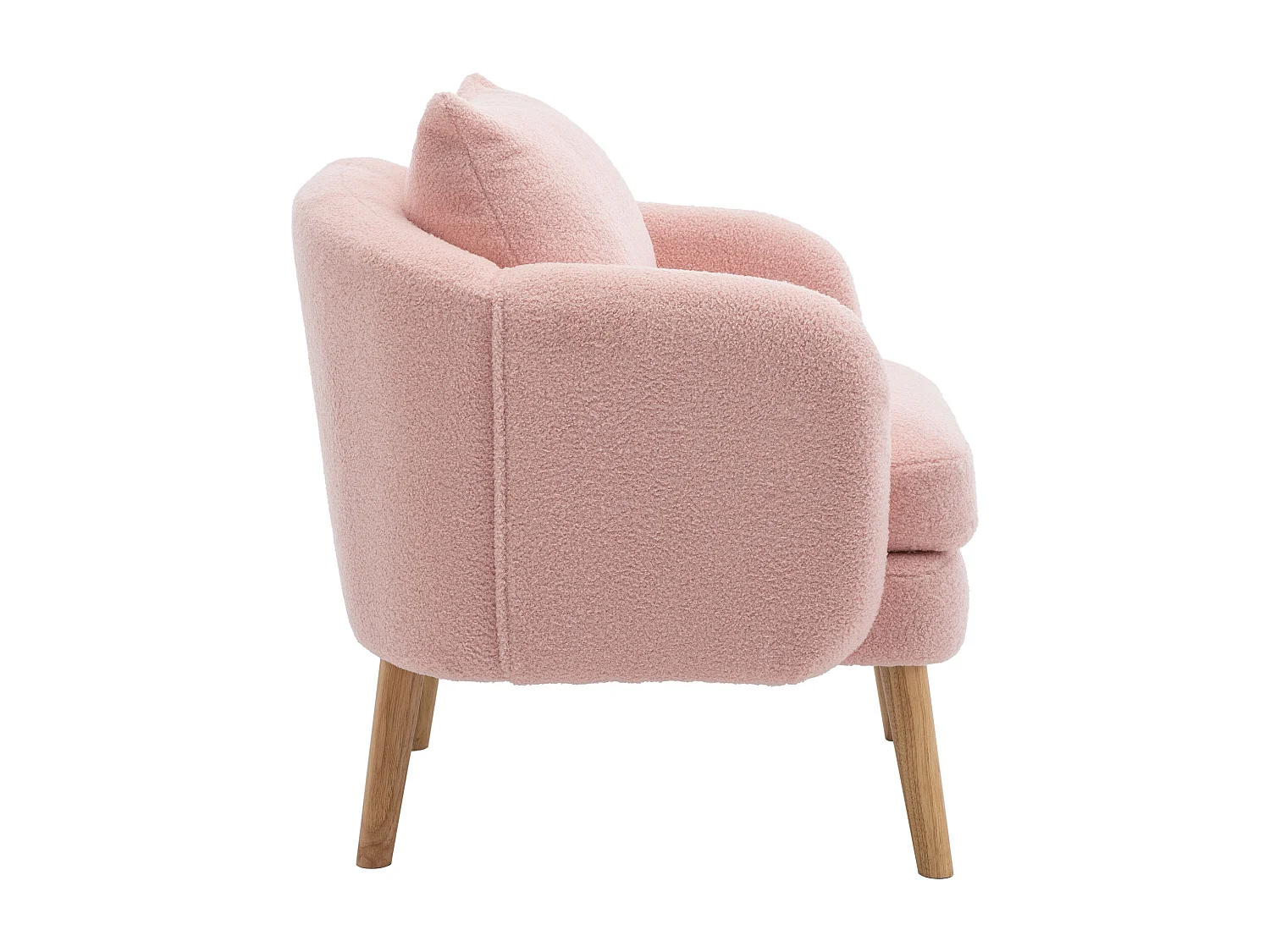 Fauteuil simple rose avec coussins, velours teddy, pieds en bois 71x72x71cm
