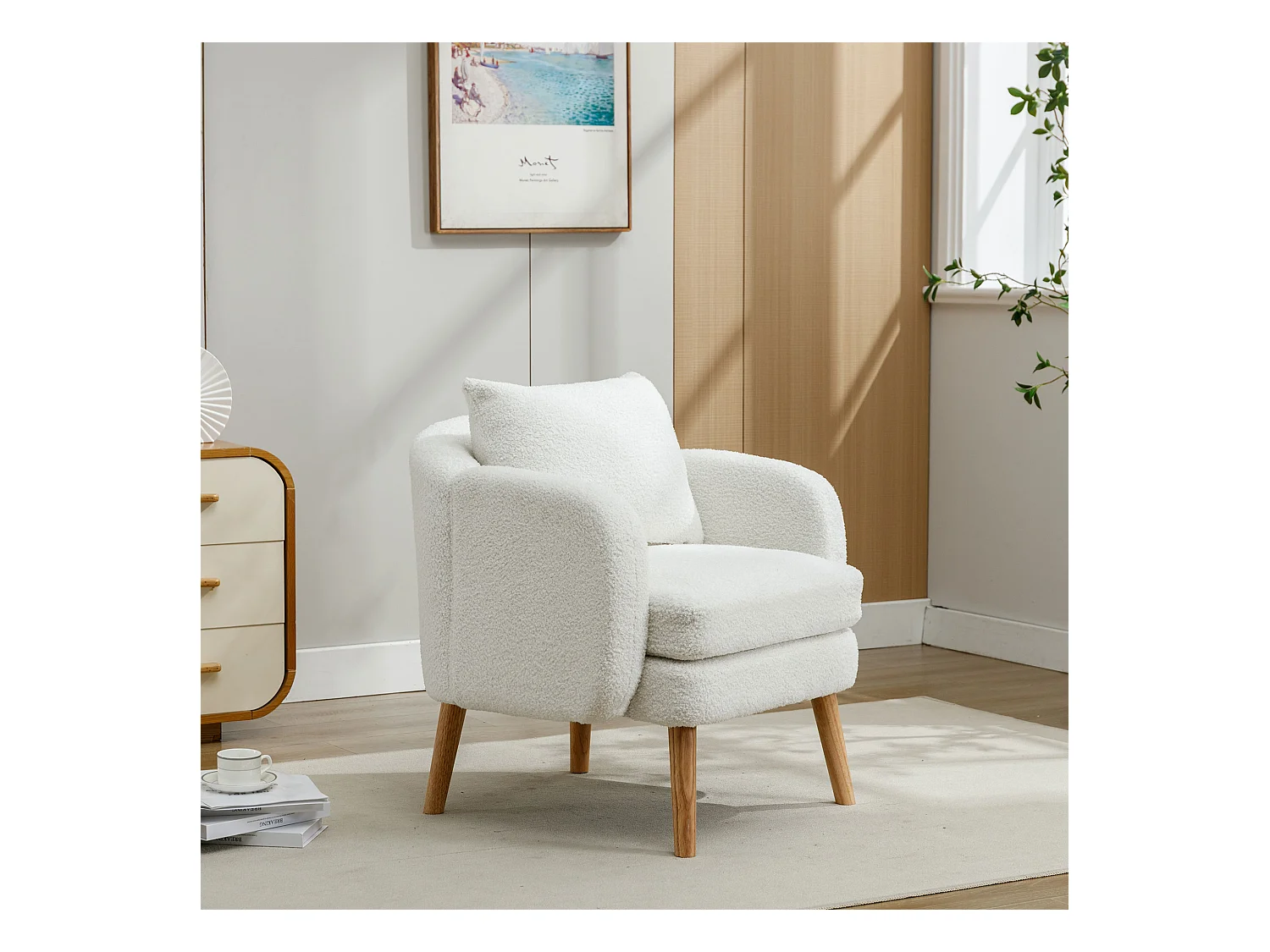 Witte fauteuil met kussens, teddy fluweel, houten poten 71x72x71cm