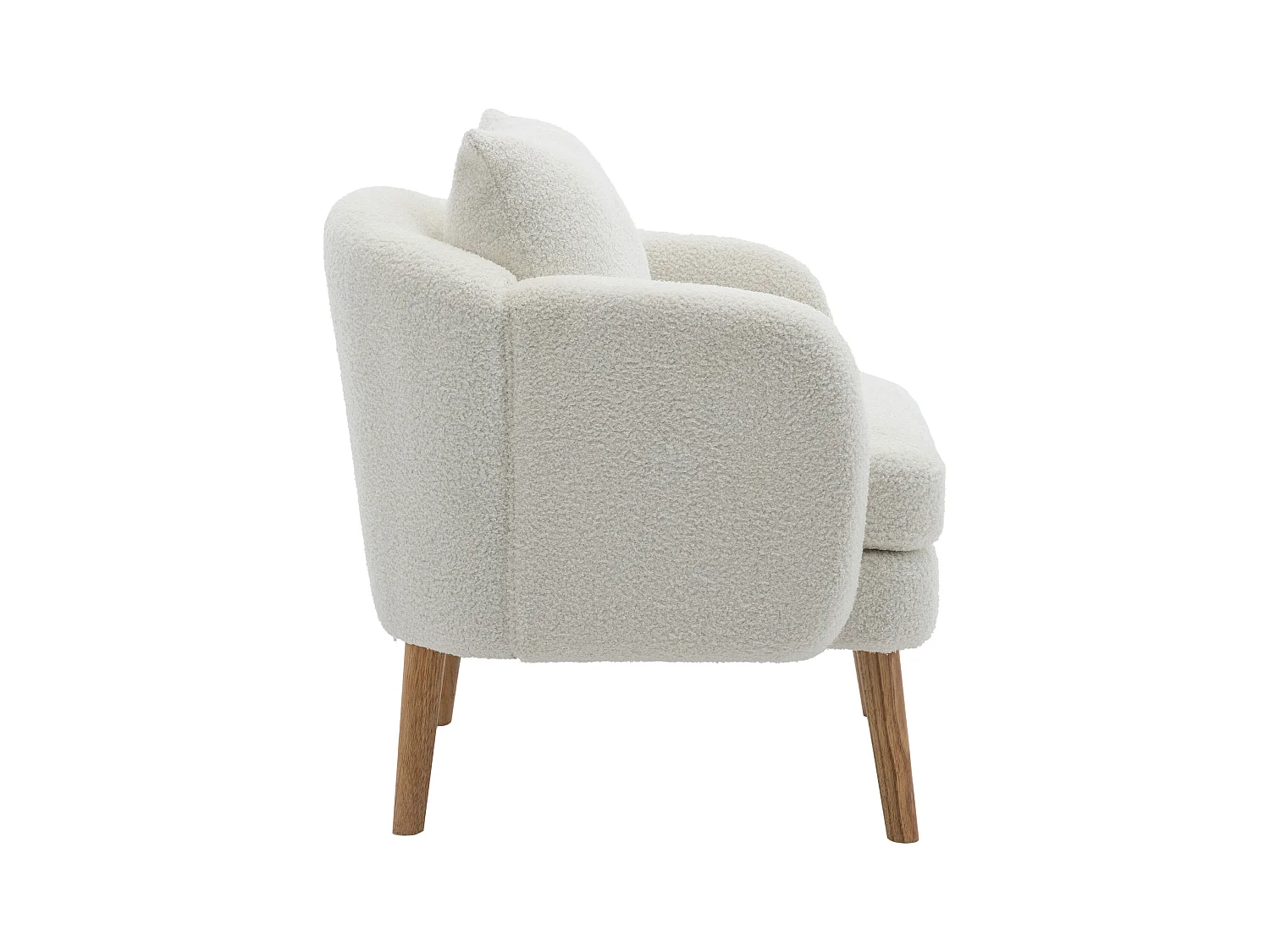 Witte fauteuil met kussens, teddy fluweel, houten poten 71x72x71cm