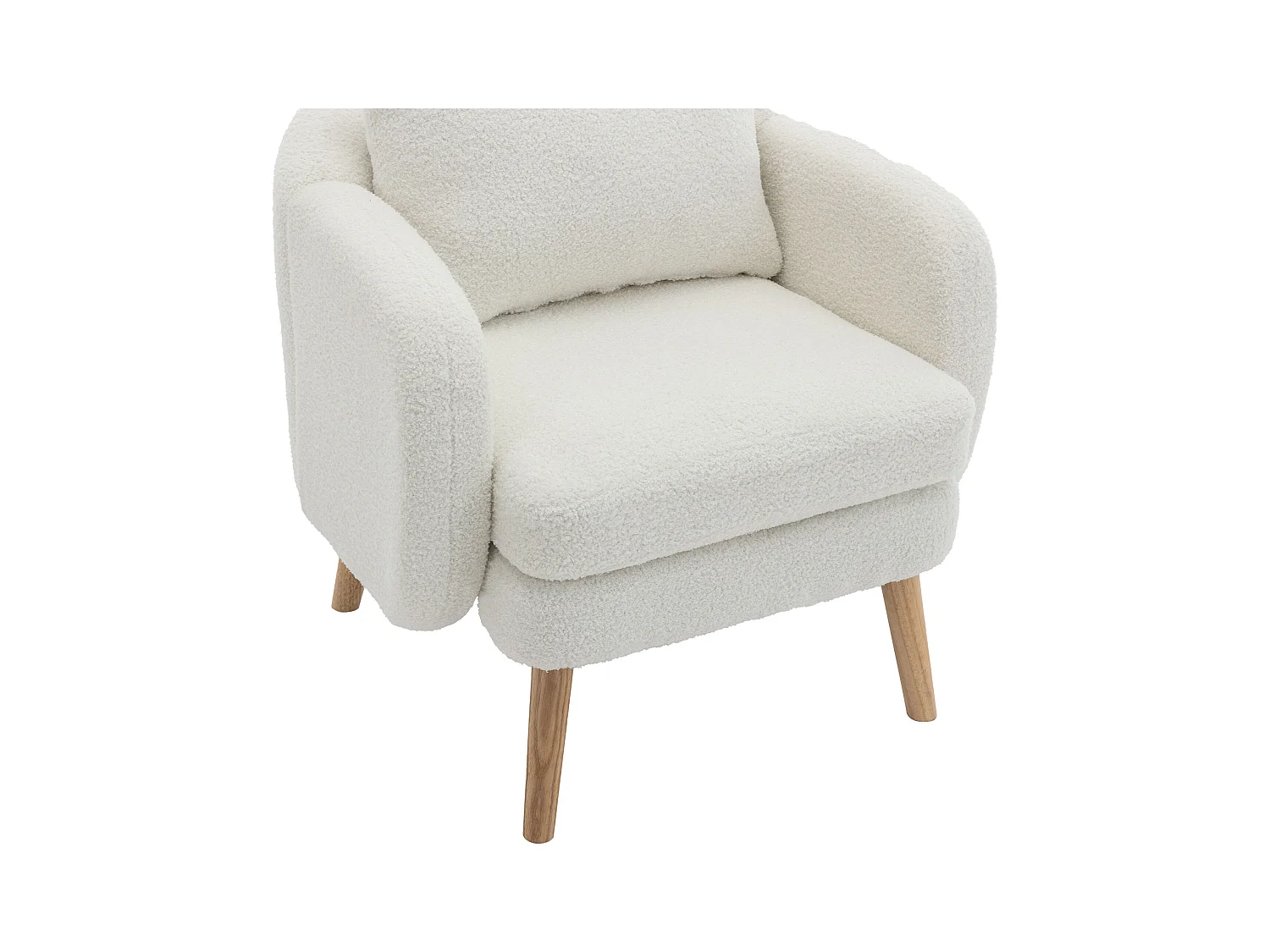 Witte fauteuil met kussens, teddy fluweel, houten poten 71x72x71cm