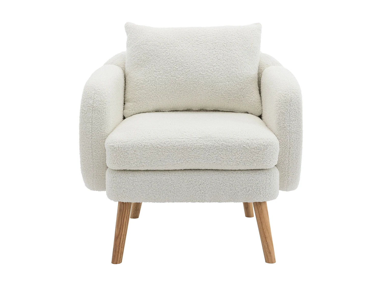 Fauteuil simple blanc avec coussins, velours teddy, pieds en bois 71x72x71cm