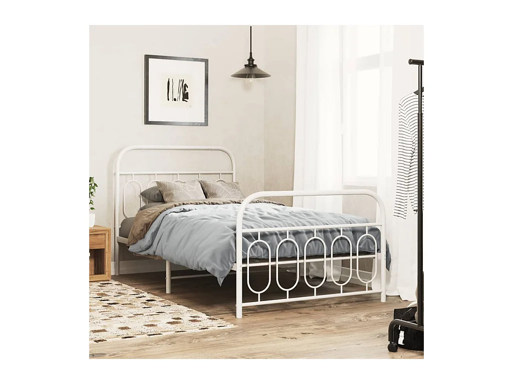 Cadre de lit métal sans matelas et pied de lit blanc 107x203 cm