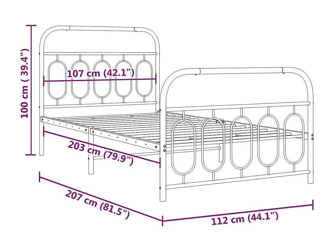 Cadre de lit métal sans matelas et pied de lit blanc 107x203 cm