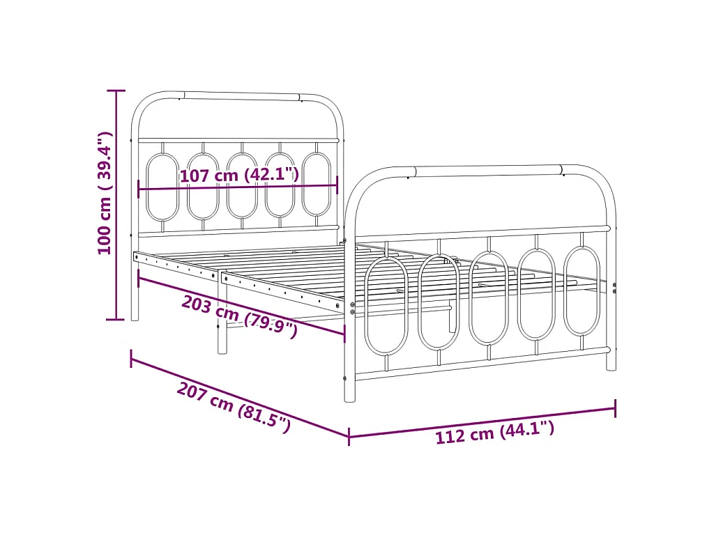 Cadre de lit métal sans matelas et pied de lit blanc 107x203 cm