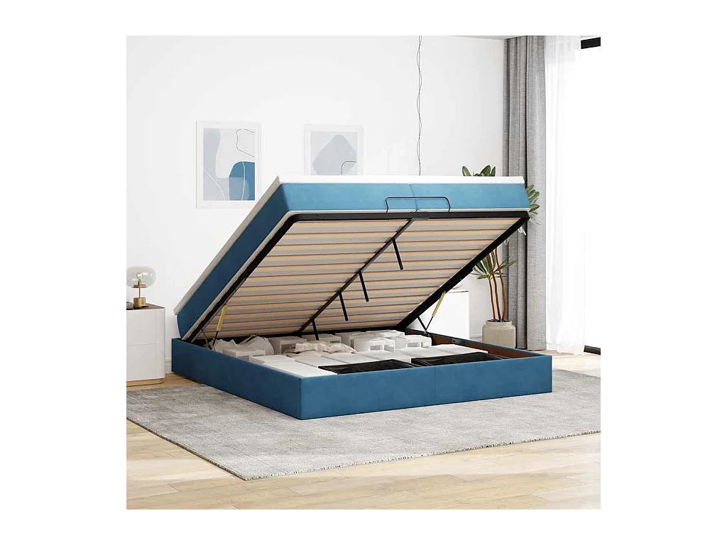 Cadre de lit ottoman avec matelas bleu foncé 200x200 cm velours