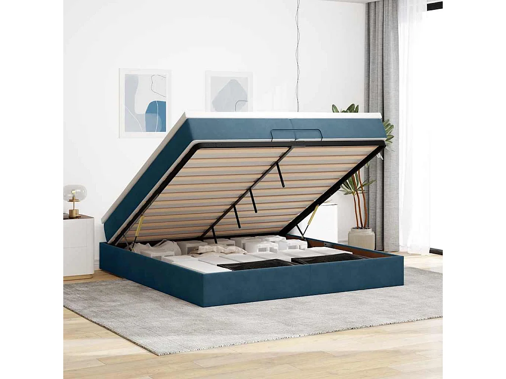 Cadre de lit ottoman avec matelas bleu foncé 200x200 cm velours
