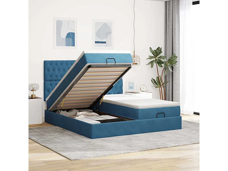 Cadre de lit ottoman avec matelas bleu foncé 200x200 cm velours