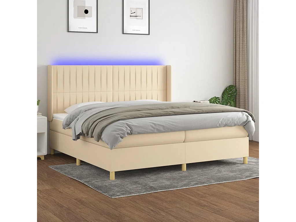 Sommier à lattes de lit matelas et LED Crème 200x200 cm Tissu