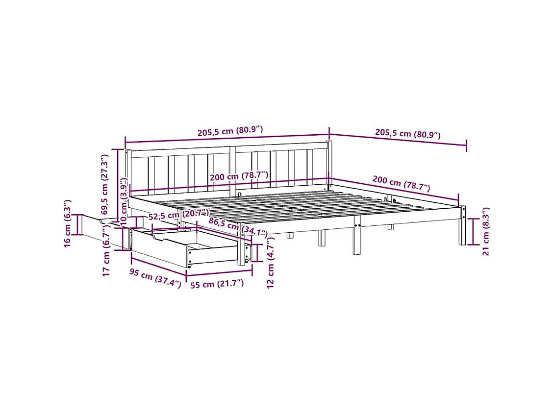 Letto senza Materasso 200x200 cm in Legno Massello di Pino