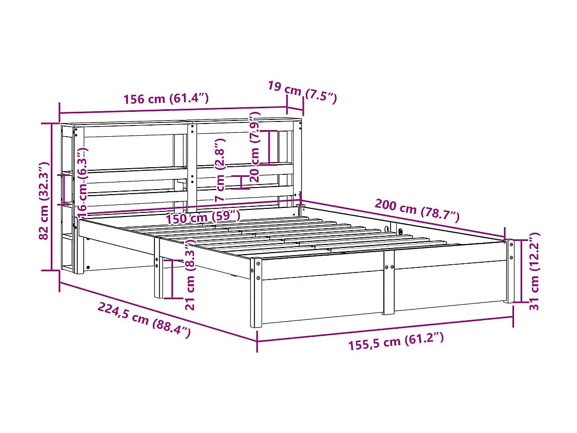 Bedframe met hoofdbord massief grenenhout 150x200 cm