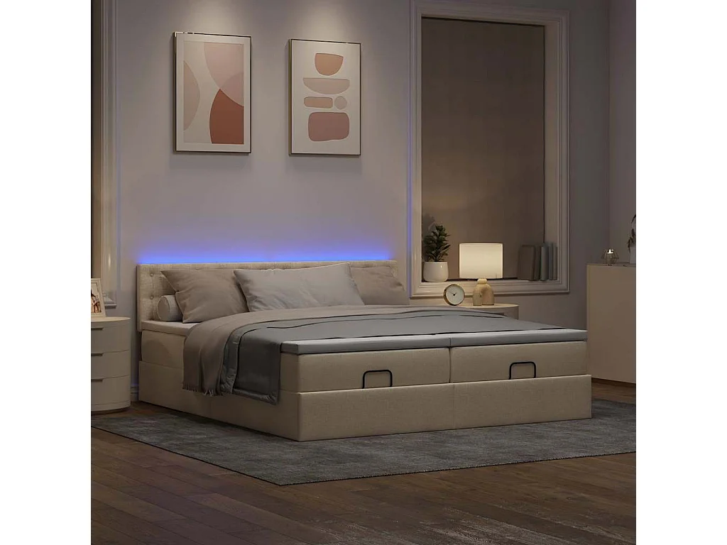 Ottoman bed met matrassen en LED's 200x200cm stof crèmekleurig
