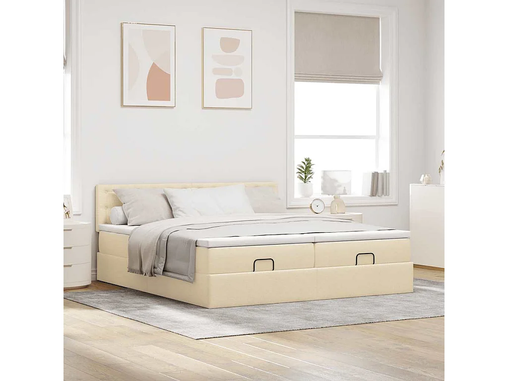 Struttura Letto Pouf con Materassi Crema 200x200 cm in Tessuto