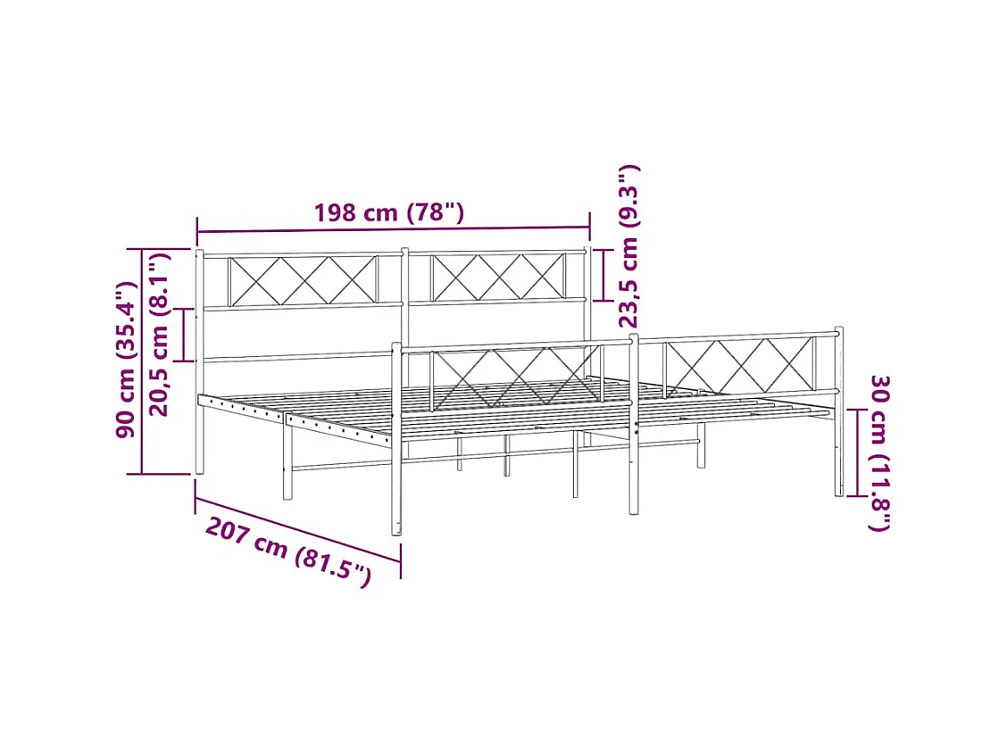 Cadre de lit métal sans matelas et pied de lit blanc 193x203 cm
