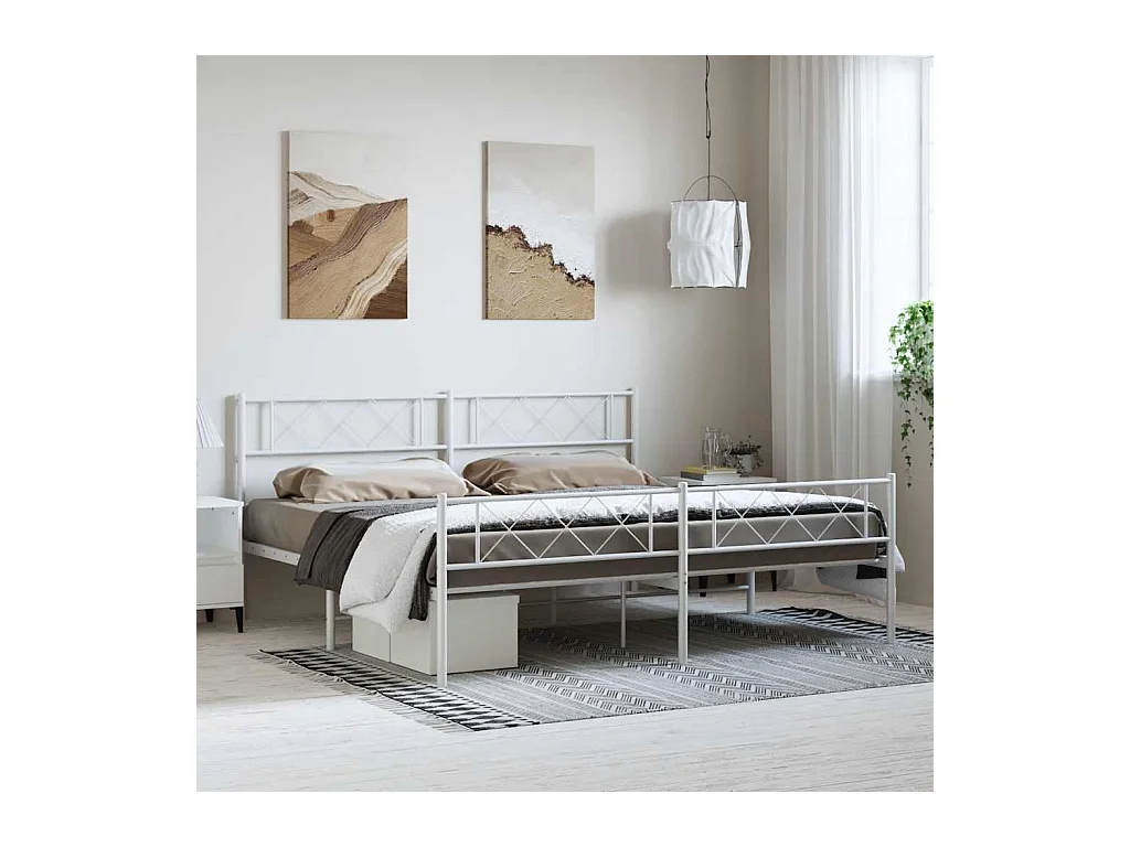 Cadre de lit métal sans matelas et pied de lit blanc 193x203 cm