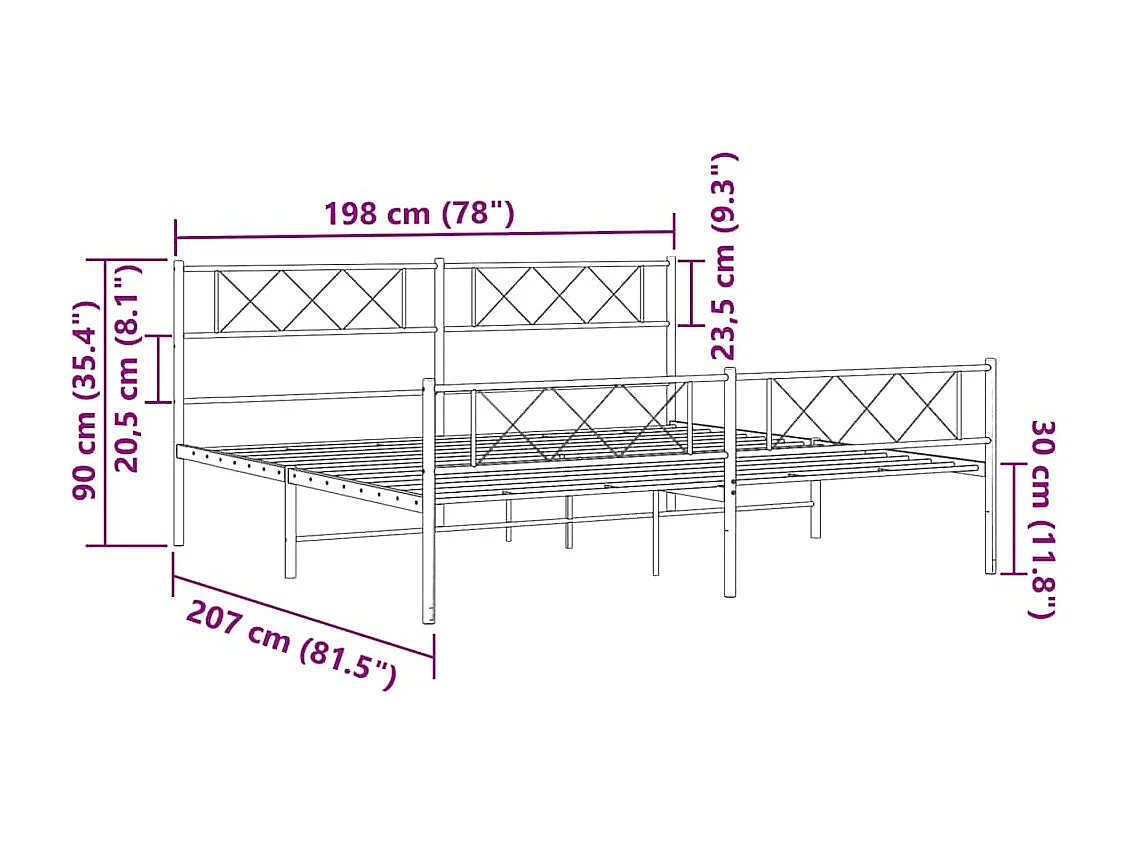 Cadre de lit métal sans matelas et pied de lit blanc 193x203 cm