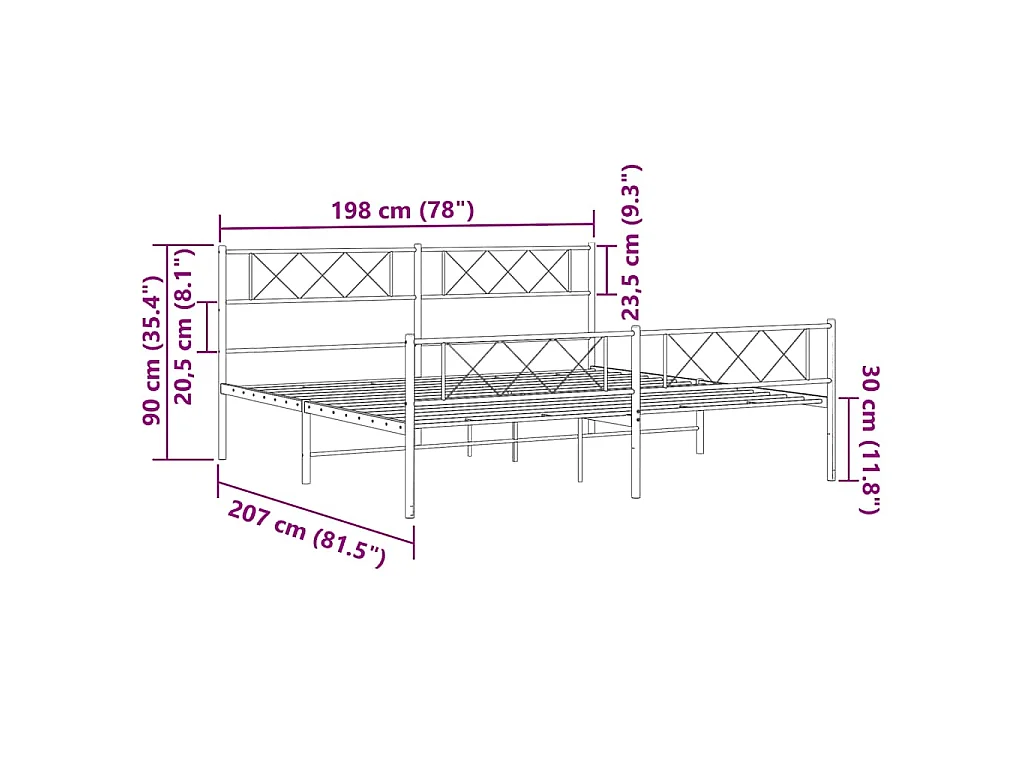 Cadre de lit métal sans matelas et pied de lit blanc 193x203 cm