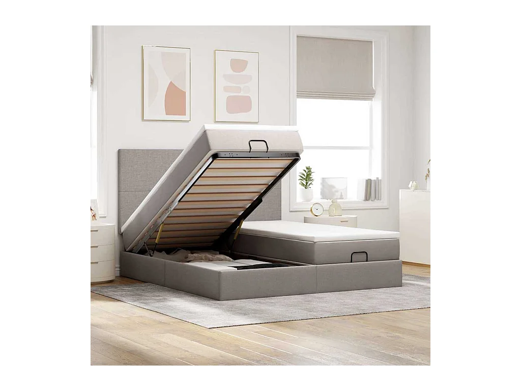 Struttura Letto Pouf con Materassi Tortora 200x200 cm Tessuto