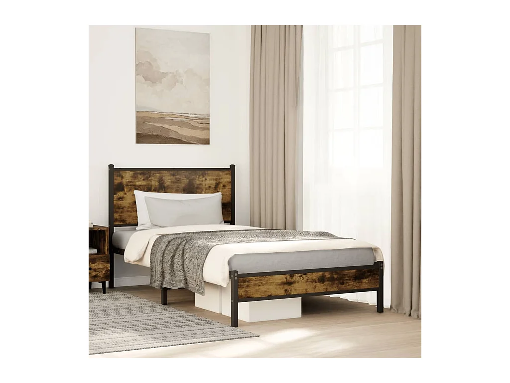Cadre de lit en métal sans matelas chêne fumé 107x203 cm